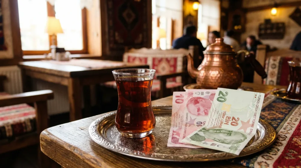 Einige kleine Scheine Türkische Lira als Trinkgeld neben einem traditionellen türkischen Teeglas