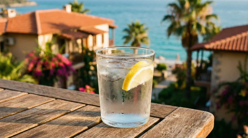 Ein klares Glas Wasser auf einem Tisch vor der sonnigen Kulisse eines türkischen Resorts