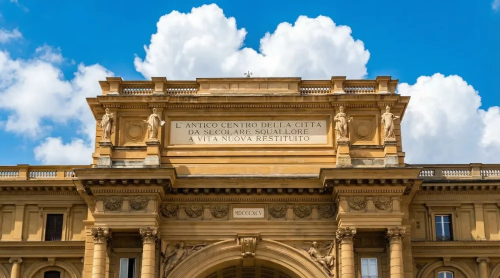 The massive Triumphal Arch in Piazza della Repubblica featuring the Latin inscription