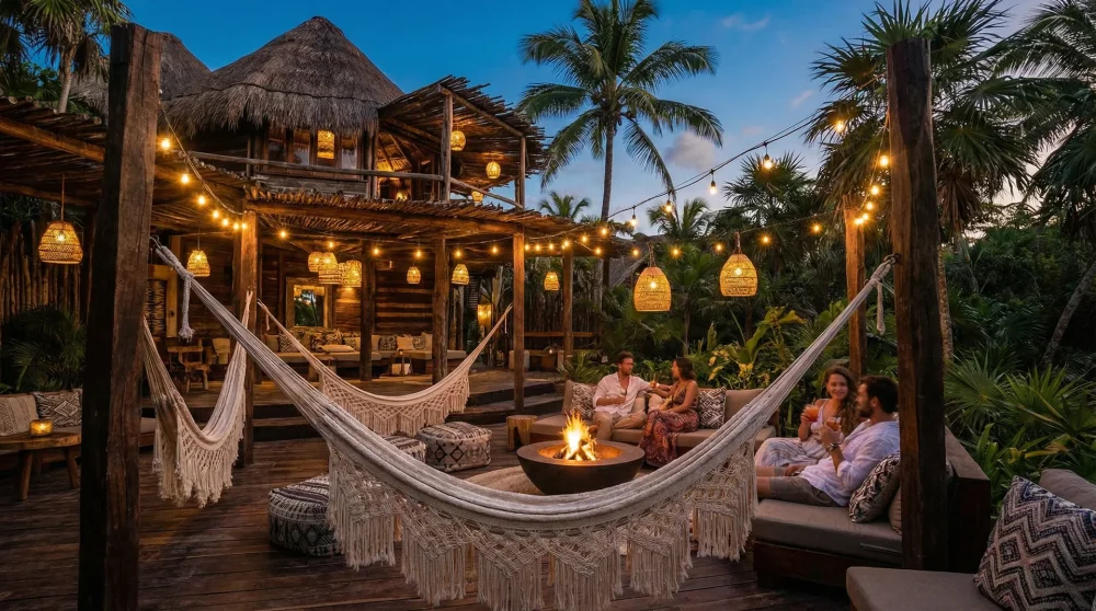 Bohemian style luxury eco-resort integrated into the dense Tulum jungle at dusk
