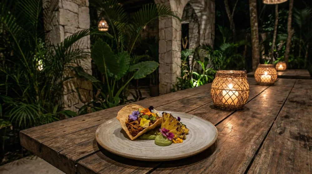 Elegant Mexican fusion dish served in a moody, candlelit jungle restaurant in Tulum