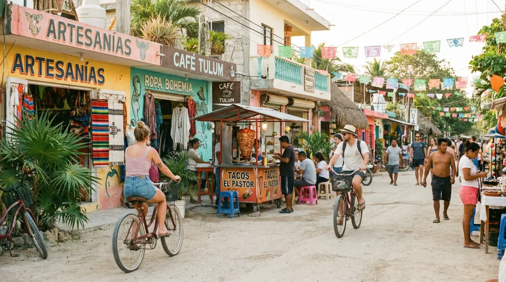 Lively street scene in Tulum Pueblo with colorful shops and people riding bicycles