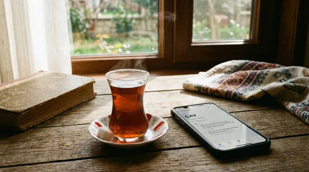 A smartphone showing a Turkish dictionary app next to a glass of traditional Turkish tea