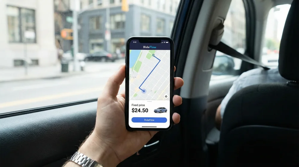 Smartphone mit einer Ride-Hailing App zeigt Festpreis und Route für Flughafentransfer
