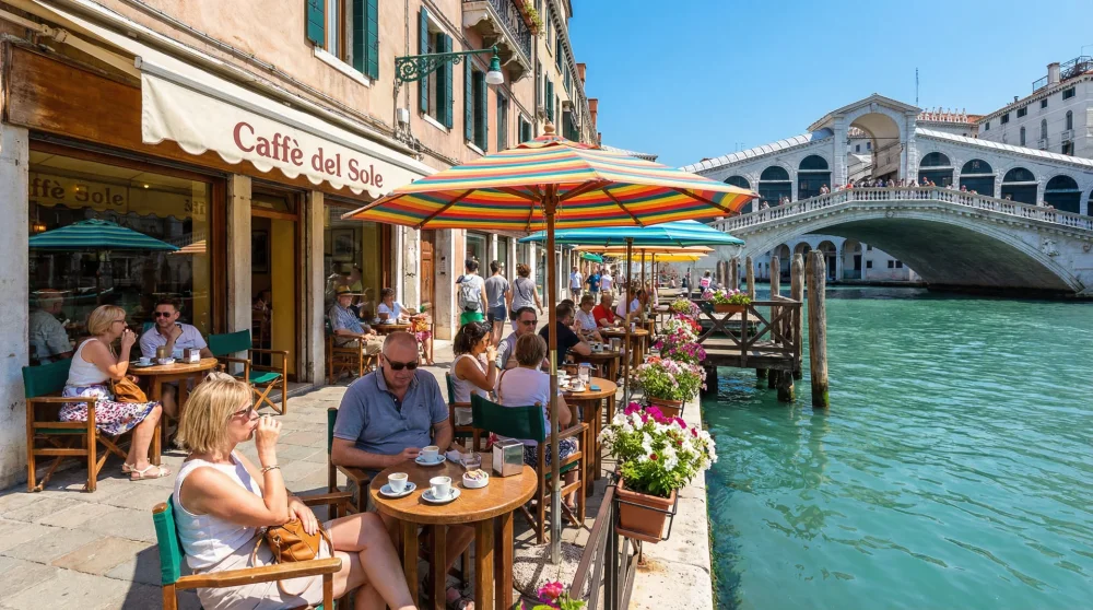 People enjoying coffee at a sunny street cafe next to a picturesque canal in Venice