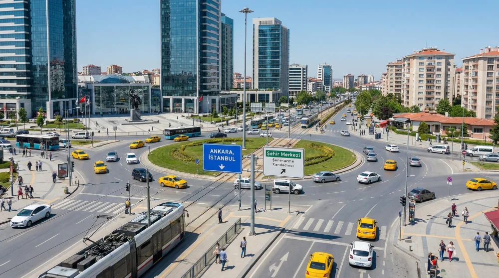 Autos navigieren durch einen belebten Kreisverkehr in einer modernen türkischen Stadt