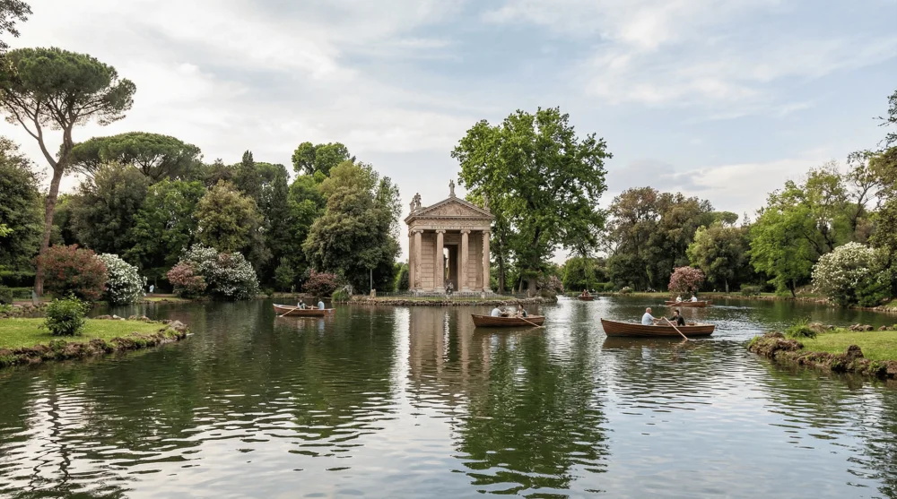 Pond and Temple of Aesculapius in Villa Borghese park