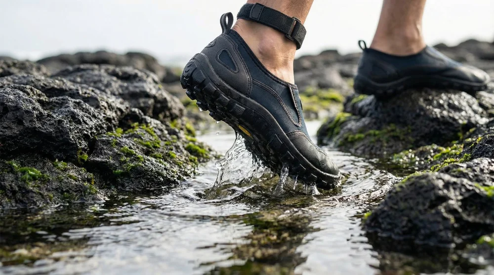 Snorkeler wearing protective water shoes walking on slippery lava rocks at beach entry