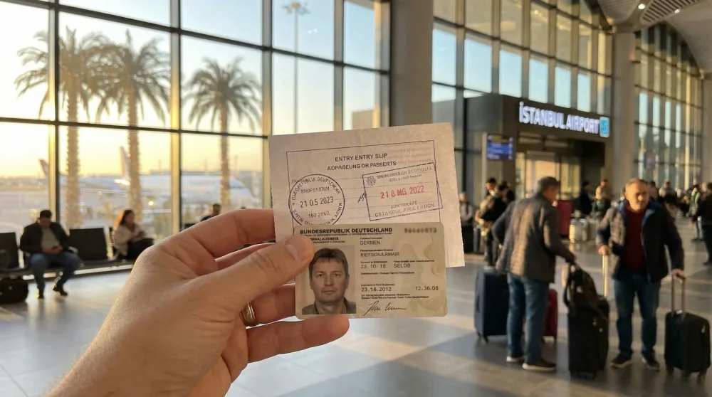 Ein kleiner weißer Einreisezettel der türkischen Grenzbehörden zusammen mit einem deutschen Personalausweis