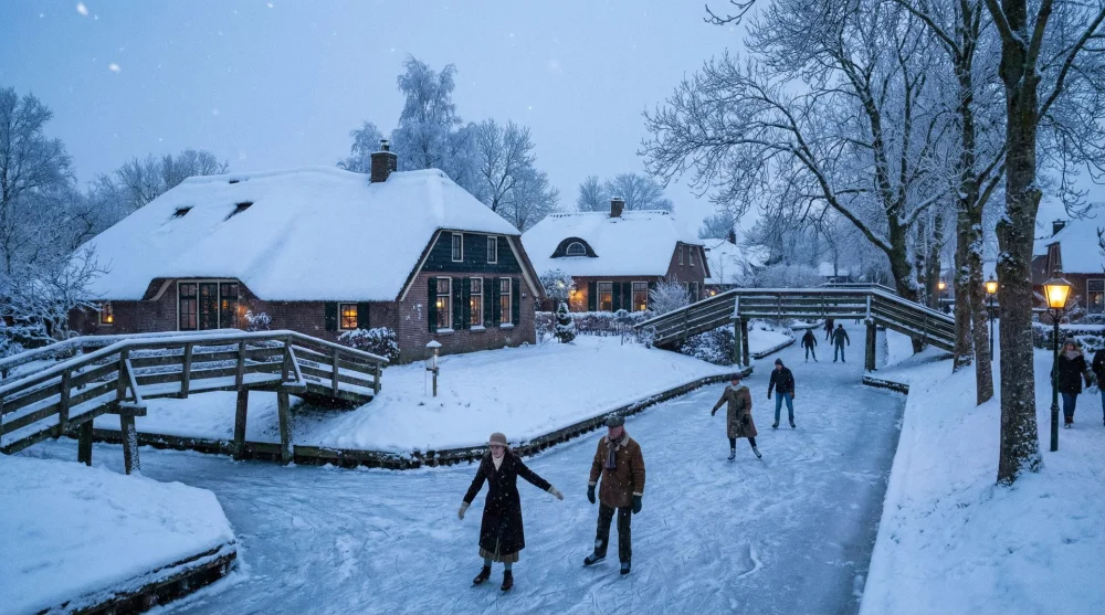 Winter landscape in Giethoorn with frozen canals and snow-covered roofs