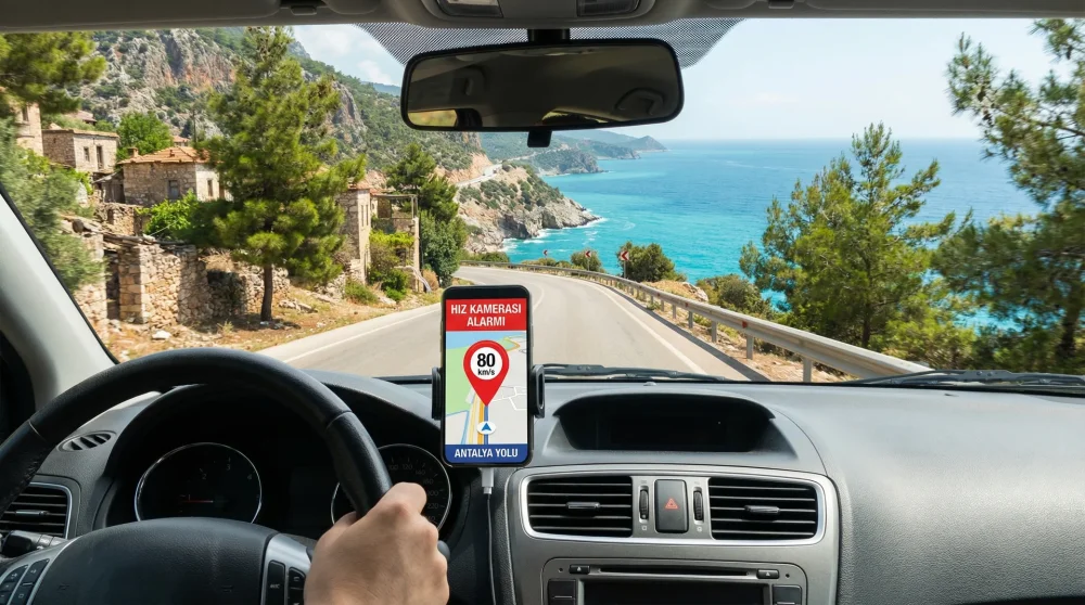 Smartphone on a car dashboard showing a speed camera alert on Yandex Navigator while driving on a Turkish coastal road