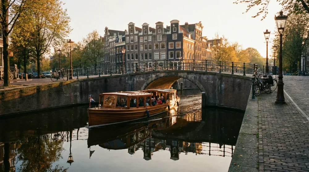 A traditional Amsterdam canal cruise boat passing under a bridge