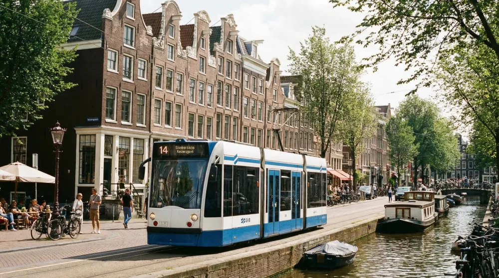 A classic blue and white GVB tram traveling along a canal in Amsterdam