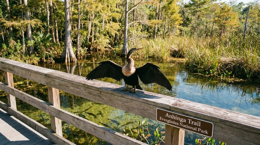 An Anhinga bird drying its wings on the boardwalk railing at the Anhinga Trail in Everglades National Park