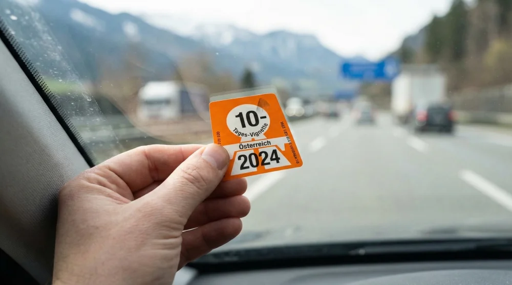 Close-up of an Austrian motorway toll vignette sticker being attached to a vehicle windshield