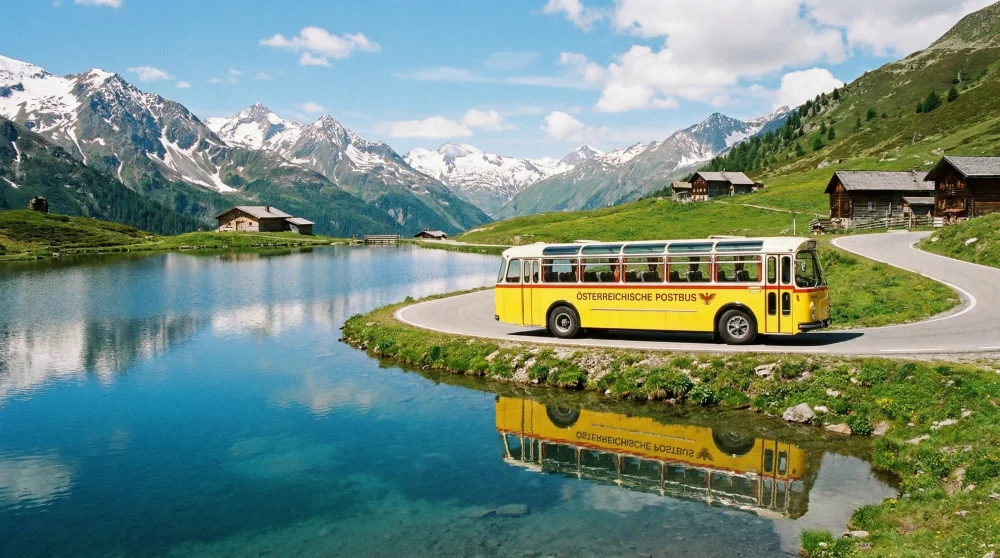 A yellow Postbus navigating a scenic mountain road next to an Austrian Alpine lake