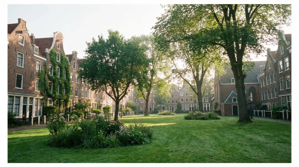 The quiet inner courtyard of Begijnhof in Amsterdam featuring traditional Dutch brick houses and a central green lawn under soft daylight.
