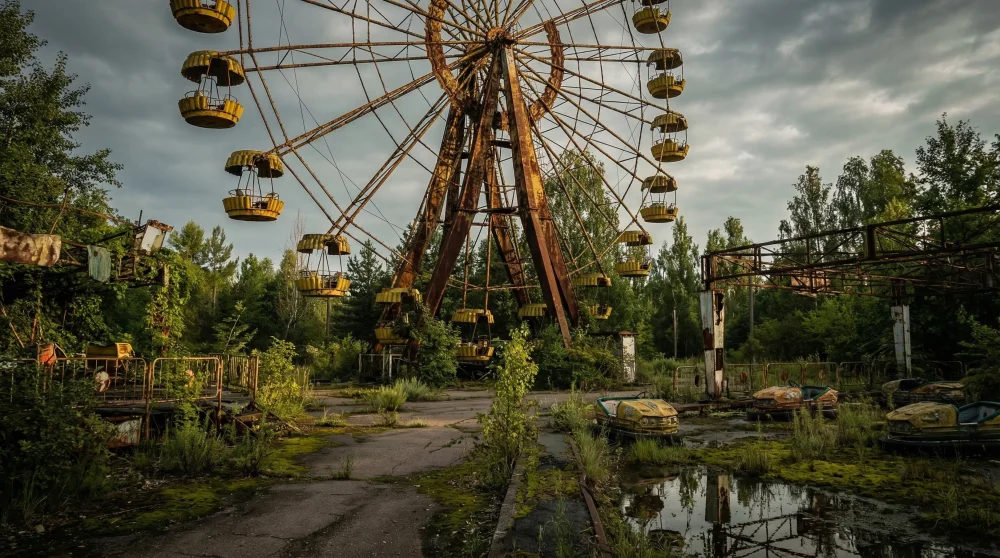 The iconic rusted yellow Ferris wheel in the abandoned Pripyat amusement park surrounded by encroaching trees and cracked pavement