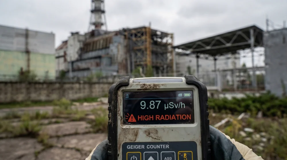 A handheld Geiger counter displaying radiation levels with the Chernobyl nuclear reactor sarcophagus in the blurred background