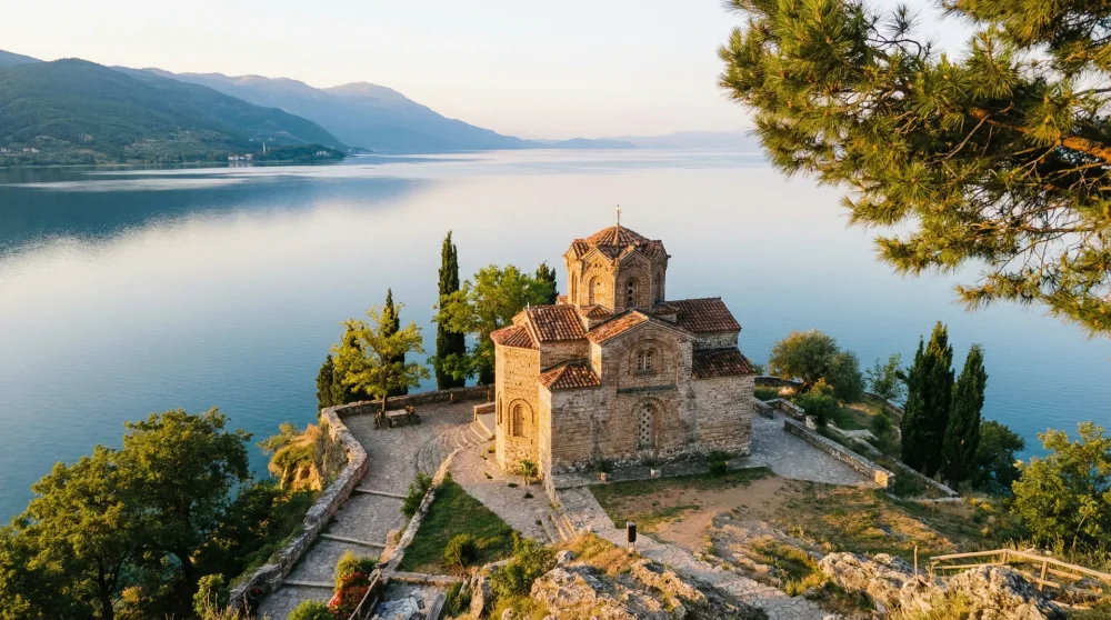 The historic Byzantine church of Saint John at Kaneo situated on a dramatic cliff overlooking Lake Ohrid.