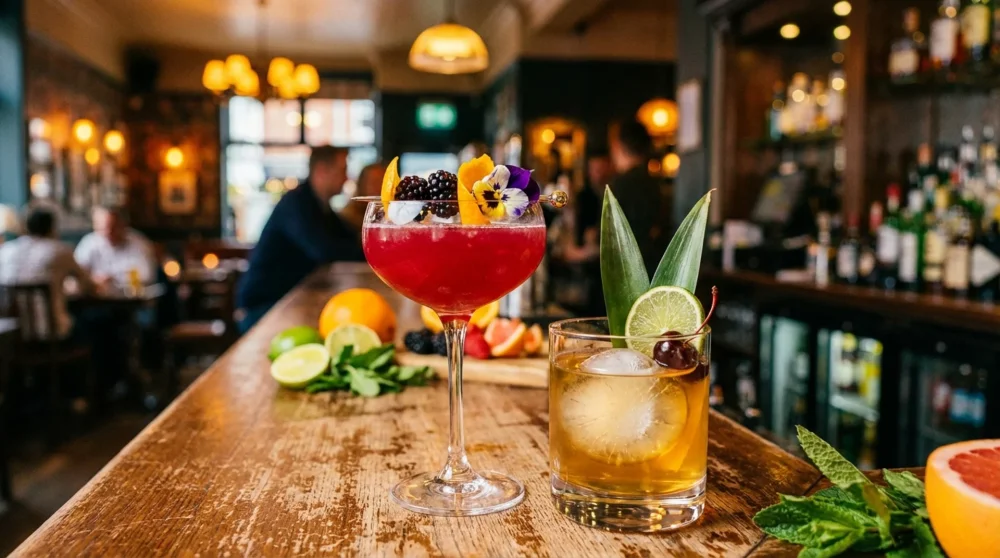 Two colorful garnished cocktails served during happy hour at a stylish Southend bar