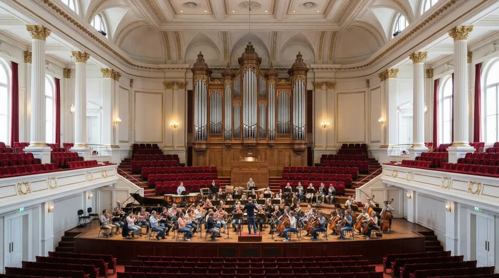 The grand interior of the Concertgebouw Main Hall in Amsterdam featuring ornate ceilings, a massive organ, and red velvet seats.
