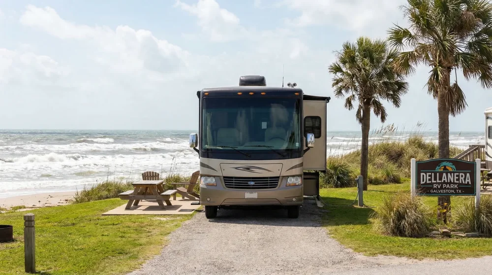 Beachfront RV camping at Dellanera RV Park with a direct view of the Gulf of Mexico waves
