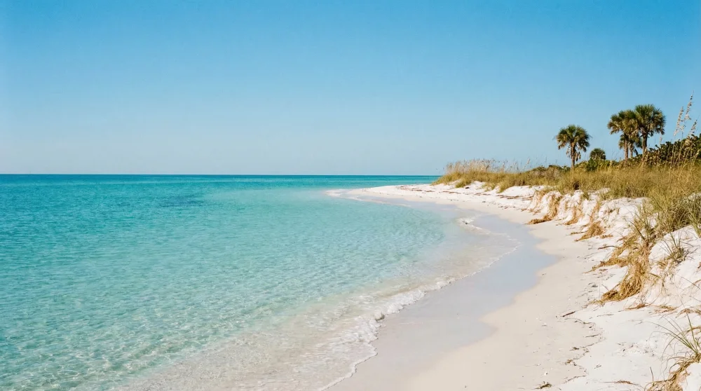 Pristine Florida beach with clear blue water and white sand under a bright sunny sky
