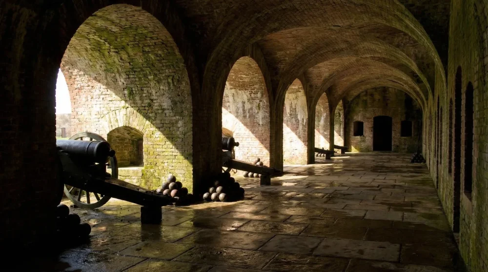 The historic brick archways and inner courtyard of Fort Pulaski National Monument near Tybee Island
