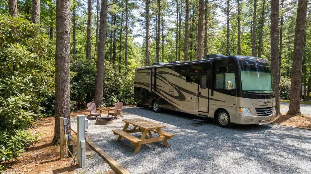 Modern RV camping site in the mountains featuring full utility hookups and a level parking area