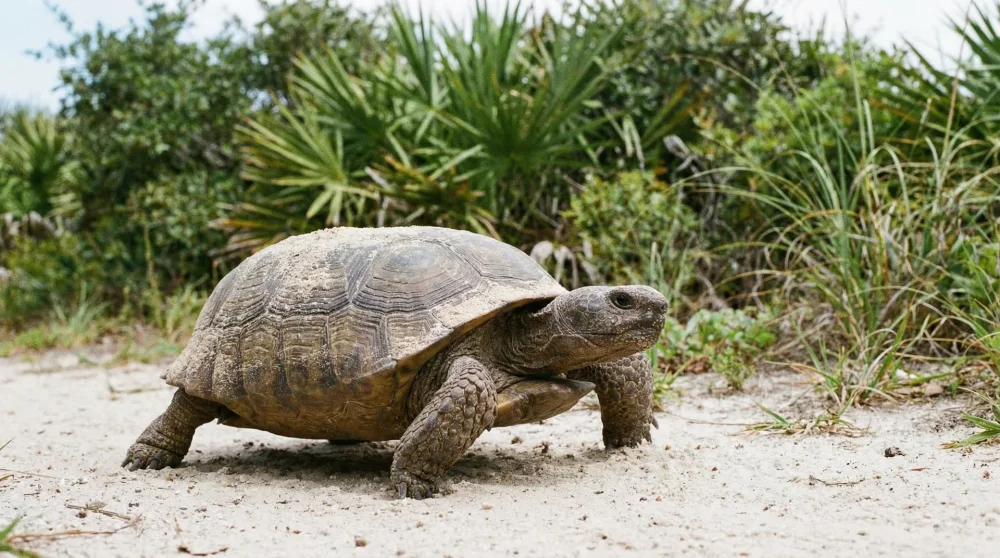 A Gopher Tortoise walking across a sandy path on the Ancient Dunes Trail at Anastasia State Park