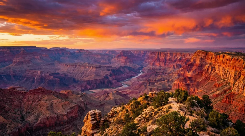 Sunset over the Grand Canyon rock layers and Colorado River in Arizona National Park.