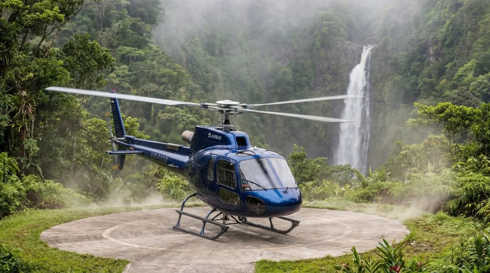 An Island Helicopters aircraft landing on the private pad near the base of Jurassic Falls