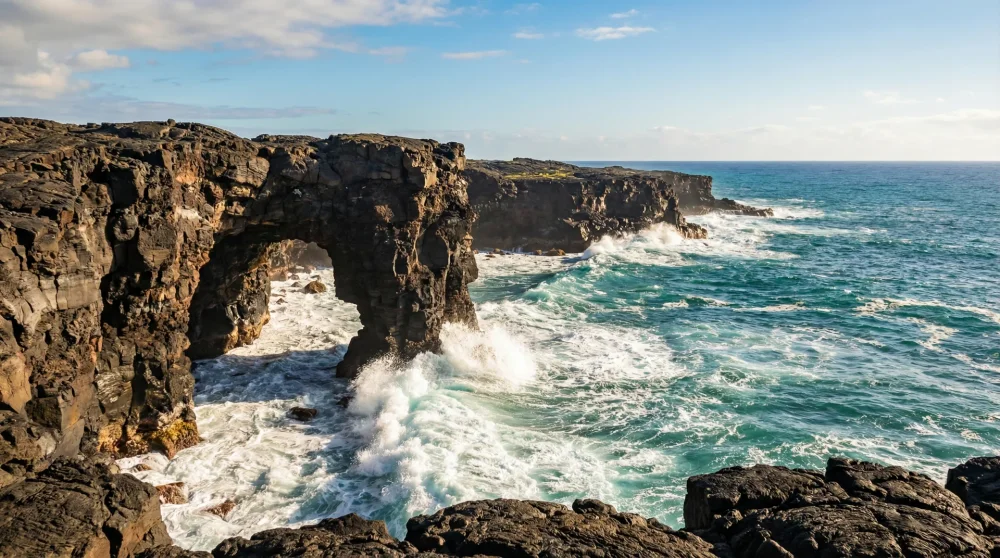 Natural volcanic rock sea arch at the edge of the Pacific Ocean on Chain of Craters Road