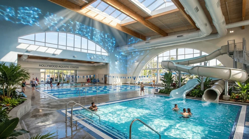 Modern indoor swimming pool and aquatic play area at Hollywood Aquatic Center