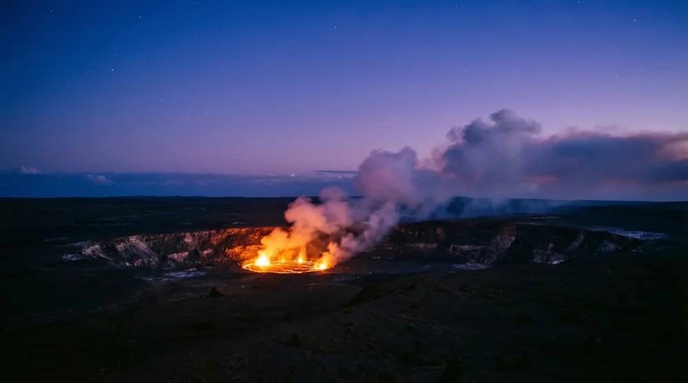 Active lava glow inside Halemaumau crater at night with rising volcanic steam under a twilight sky
