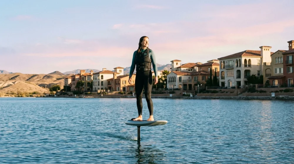 Person riding an electric e-foil above the water surface at Lake Las Vegas
