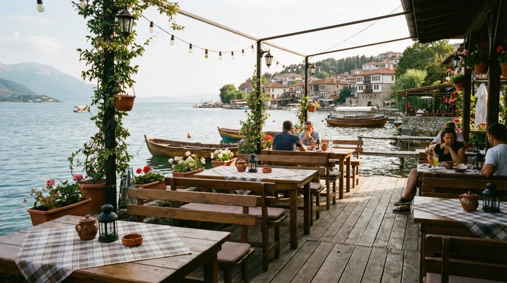 A serene lakeside restaurant terrace with tables overlooking the clear blue waters of Lake Ohrid.