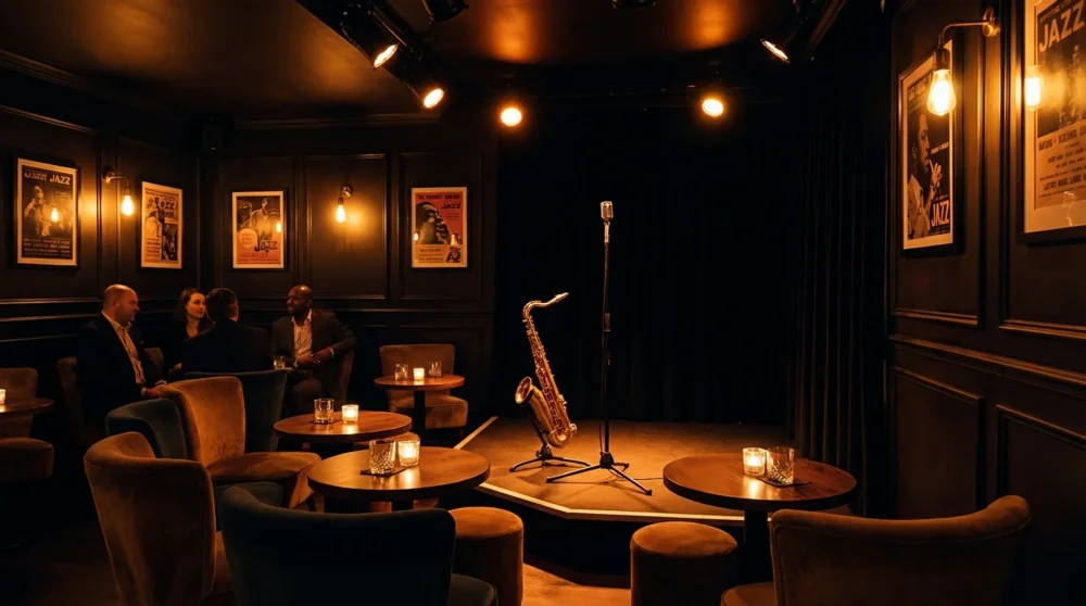 Intimate jazz lounge stage with warm lighting and musical instruments in Southend