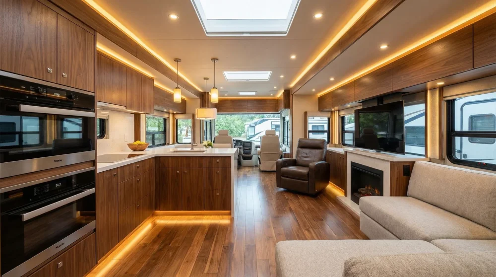 Spacious interior of a luxury motorhome with modern kitchen appliances and wooden finishings