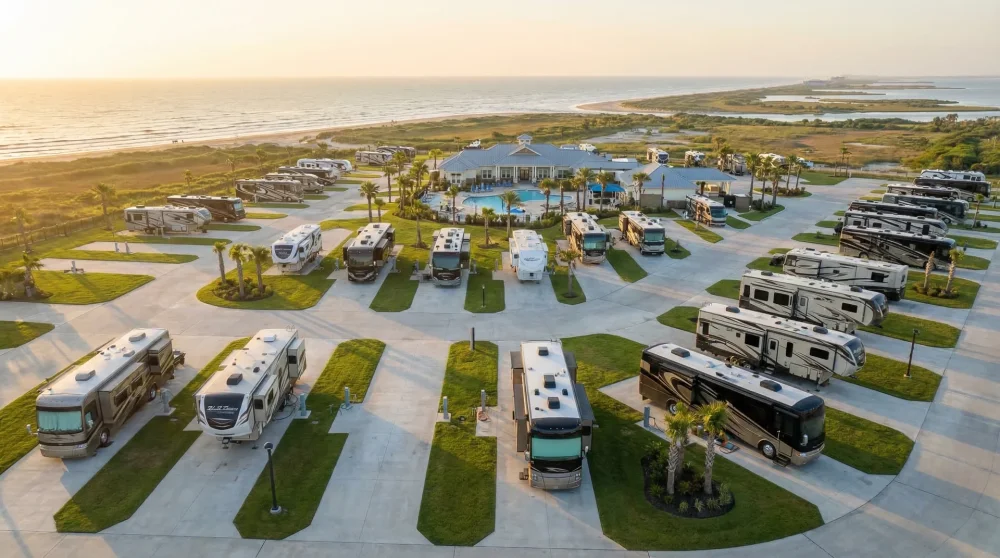 Aerial view of a luxury RV resort in Galveston featuring spacious concrete pads and full hookups under a morning sky