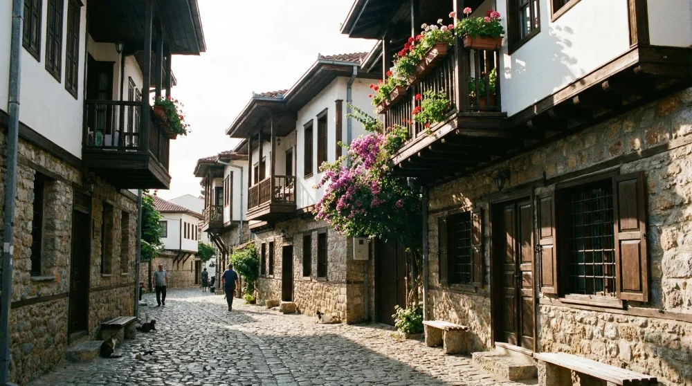 Narrow cobbled streets and traditional Ottoman-style stone houses in the historic Old Town of Ohrid.