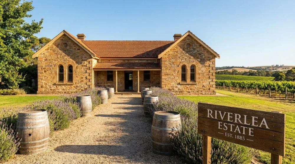 Historic stone estate building at Riverlea surrounded by lush vineyards and green lawns