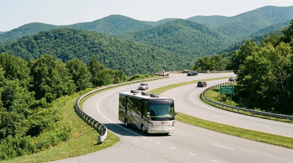 A motorhome traveling on a safe primary highway through the scenic Blue Ridge Mountains of North Carolina