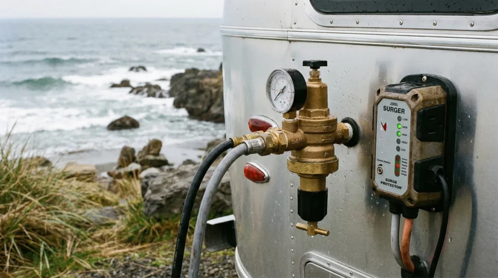 A heavy-duty water pressure regulator connected to an RV to prevent damage from coastal plumbing fluctuations