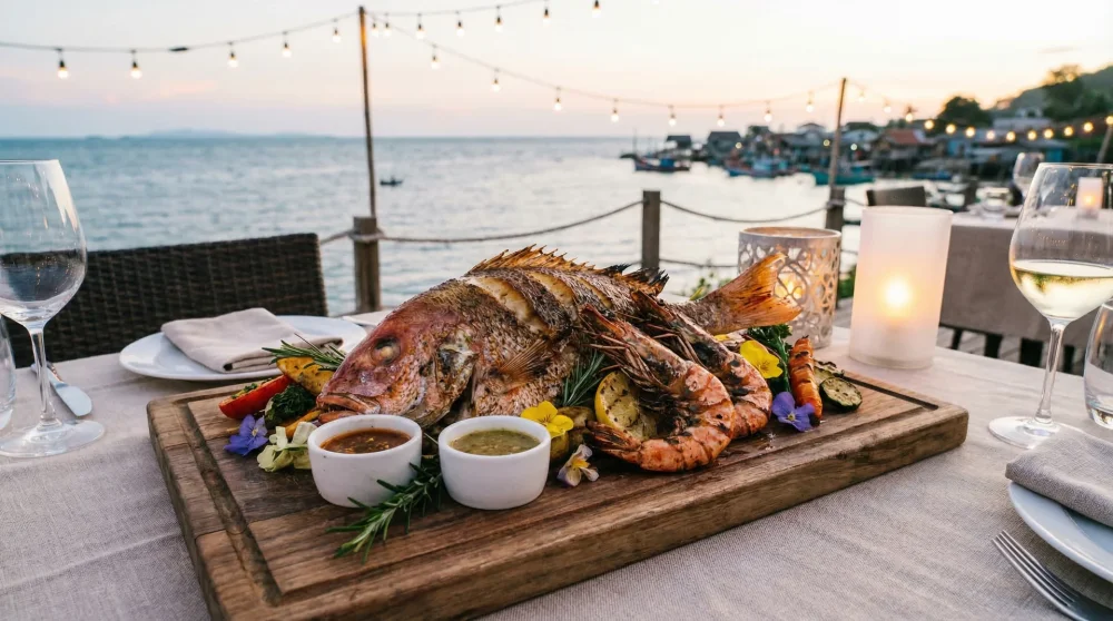 A delicious seafood platter with grilled fish and shrimp in a professional restaurant setting