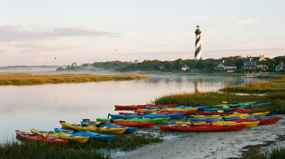 Kayaks on the shore of Salt Run with the St. Augustine Lighthouse in the background