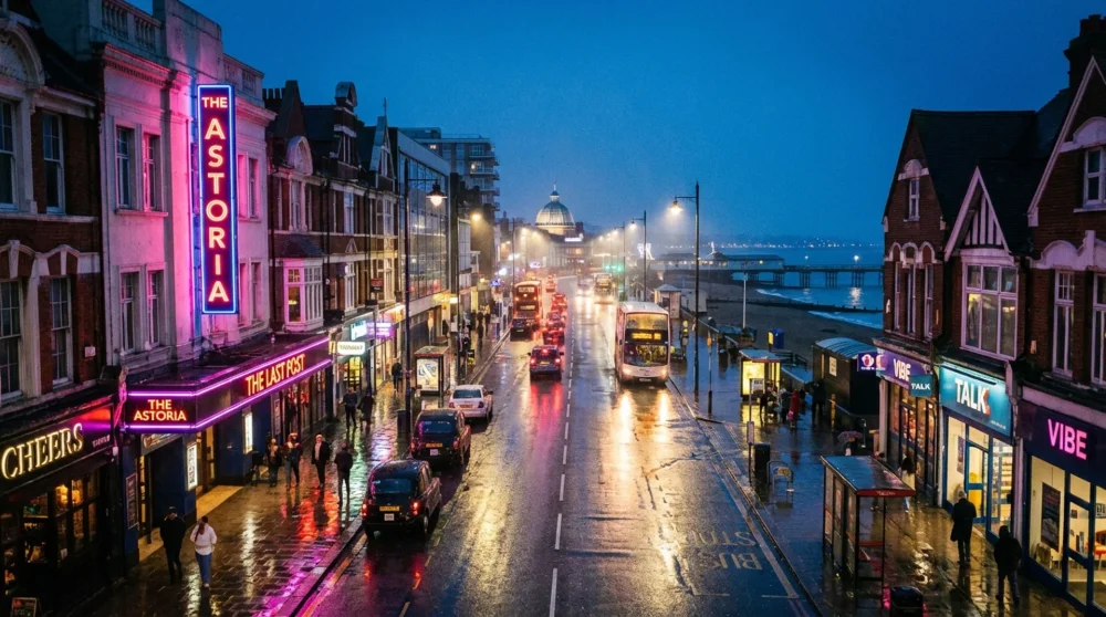 Neon lights and vibrant club entrances on Southend-on-Sea High Street during nighttime