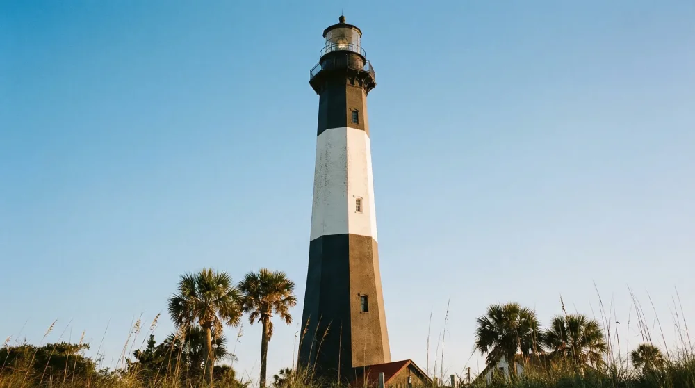 The black and white striped Tybee Island Light Station under a bright blue sky in Georgia