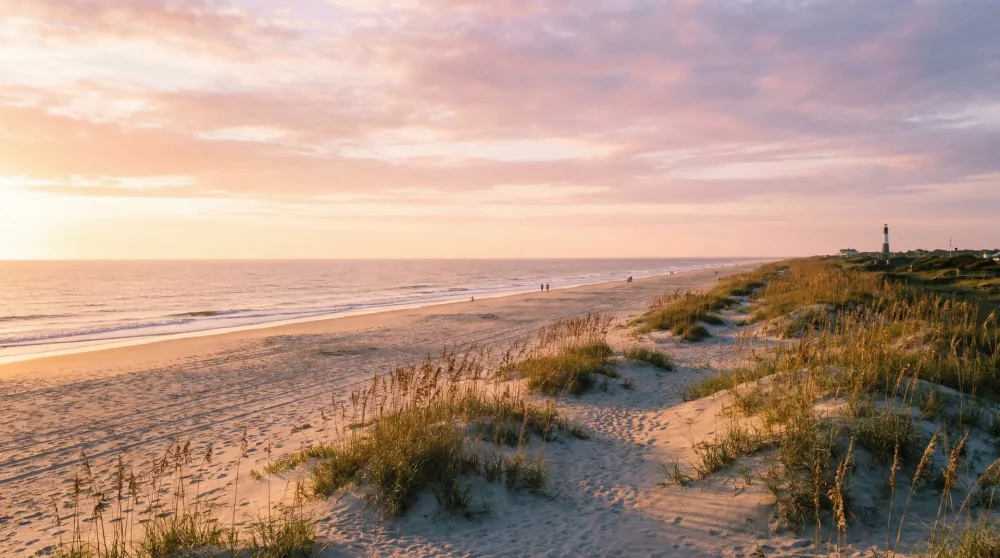 Tranquil shoreline of Tybee Island North Beach with gentle waves and natural dunes